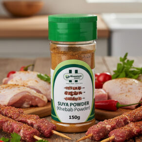 Container of suya powder with ingredients